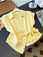 Lunivop  Cute Bow Women White Shirt Casual Elegant Vintage V Neck Sweet Blouse Korean Retro Summer Design Single Breasted Lady Tops