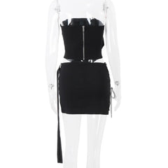 Lunivop  Two-piece Trendy American Style Street Chic Matching Irregular Metal Decorative Outfit Strapless Zip Short Tube Top+Lacing Skirt