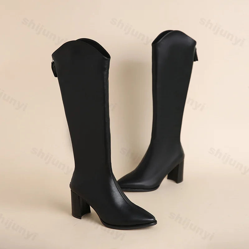 Lunivop Sexy Knee High Boots New Autumn Winter Women's Pointed Toe Square High Heel Boots Long Tall Party Shoes Lady Large Size 43 Pumps