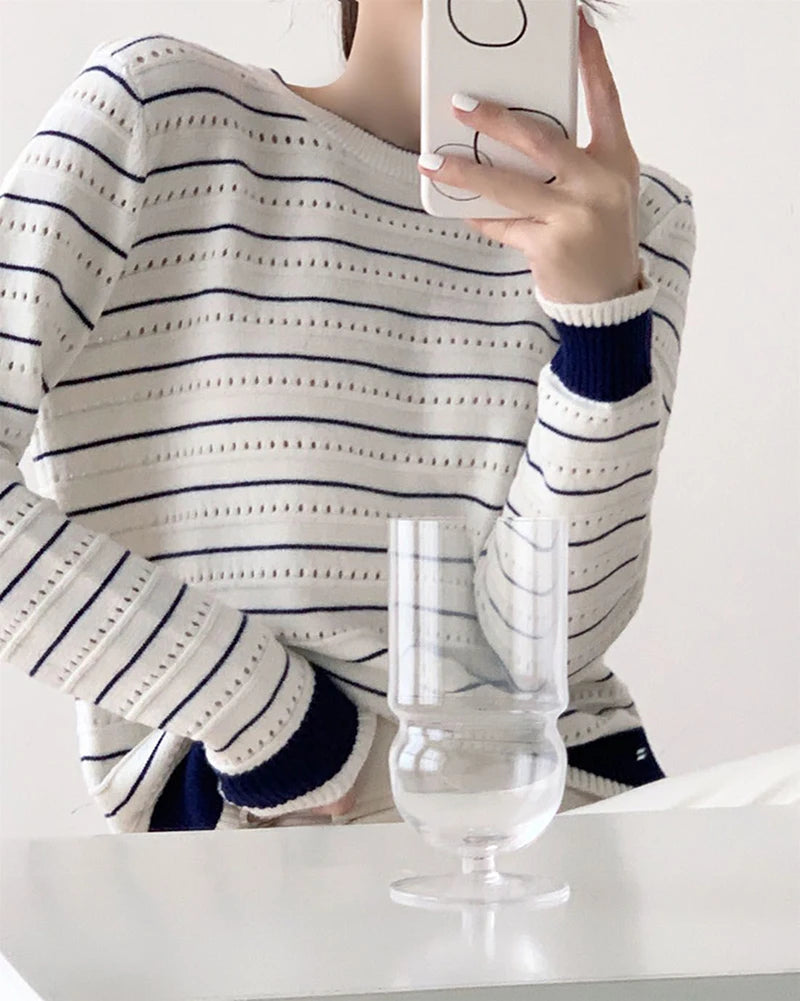 Lunivop Vintage Elegant Striped Sweaters Women Loose O Neck Hollow Out Knitted Pullover French Retro Long Sleeve Casual Jumper Tops