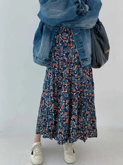Lunivop  Vintage Blue Flower Print Skirt for Women Summer New High Waist A-line Skirts Lazy All-match Mid-length Loose Faldas Mujer