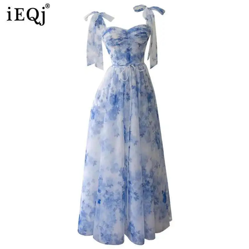 Lunivop  Blue Flower Pattern Charming Women Dress Bow Tie Detail Sleeveless 2025 Spring And Summer New Dresses Female