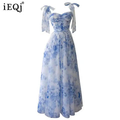 Lunivop  Blue Flower Pattern Charming Women Dress Bow Tie Detail Sleeveless 2025 Spring And Summer New Dresses Female