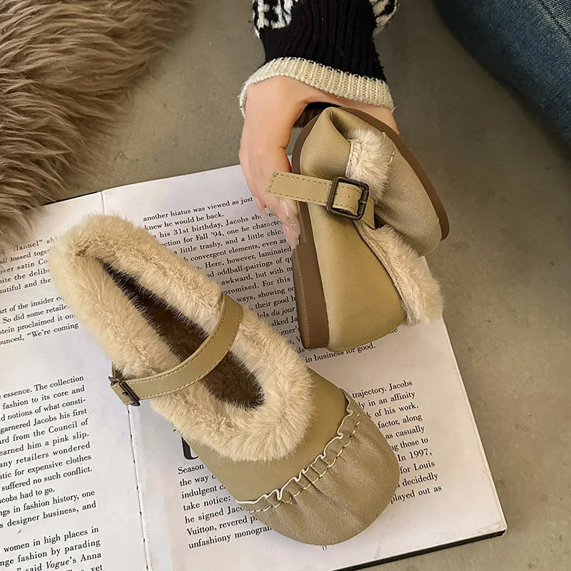 Lunivop Winter White Wool Shoes for Woman Sheep Fur Flats Fashion Buckle Mocasines Plush Cotton Snow Shoes Female Flat Mary Jane Shoes