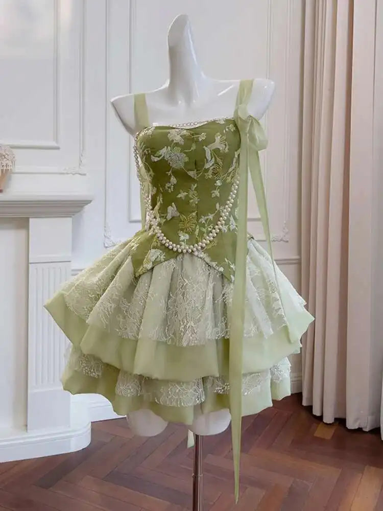 Lunivop Light Luxury Lace-up Dress Women Spliced Embroidery Suspender Ballet Style Cake Fluffy Dresses Female