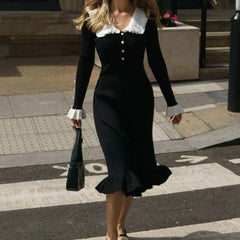 Lunivop Elegant Knitted Long Skirt Women Black Vintage Long Sleeve Party Dresses Sweet Ruffle Patchwork Sweater Maxi Dress Slim