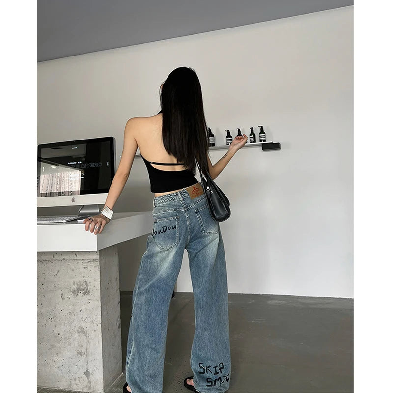 Lunivop Blue Women Jeans High Waist Fashion American Graffiti Y2K Streetwear Chic NEW Wide Leg Jean Female Trouser Baggy Denim Pants