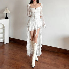 Lunivop  Goth Dark Fairycore Lace Flare Sleeve Square Neck A-line Dress Sweet E-girl Irregular Long Hem Dresses Cyber Y2K Party Vestido