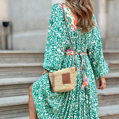 Lunivop   Retro Floral Print Holiday Beach Dress Summer V-Neck Green Bohemian Long Women Puff Sleeve Belted A-Line Maxi Sundress