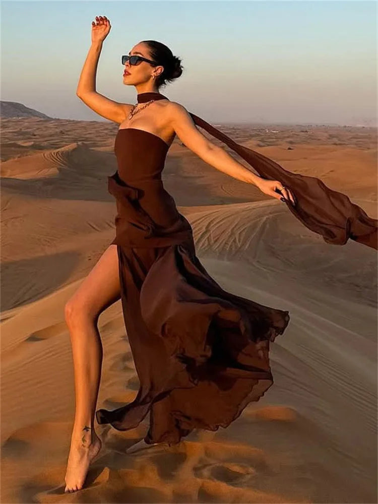 Lunivop Summer Female With Ribbon Long Dress Elegant Mesh Backless Patchwork Slim Fashion Party Dress Gown Women's Bodycon Dress
