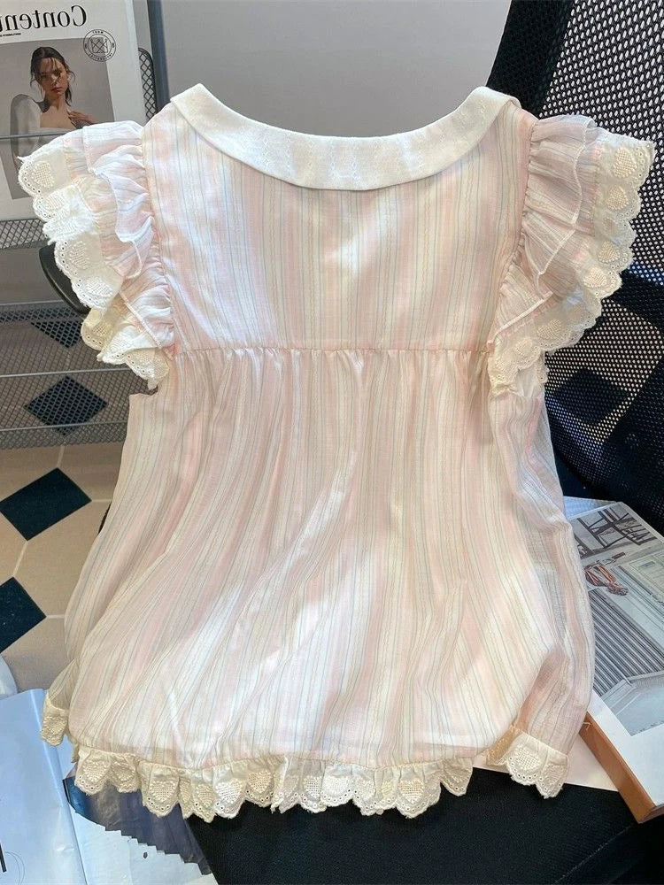 Lunivop  Women Cute Striped Shirt Vintage Sweet Lace Bow Flying Sleeve Kawaii Blouse Casual Summer Peter Pan Collar Lady Design Tops
