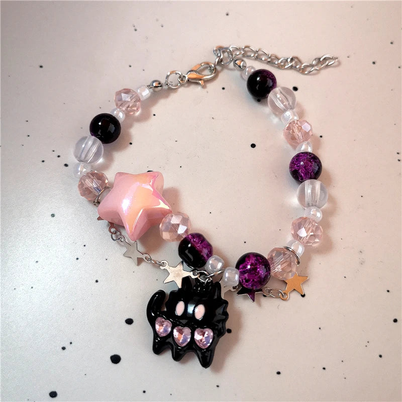 Lunivop Goth Aesthetic Black Cat Star Love Ceramic Acrylic Colorful Beaded Chain Bracelet Girl 2000s EMO Charm Jewelry Y2K Accessories