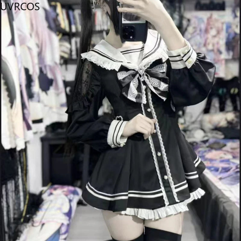 Lunivop  Japanese Style Gothic Y2k Lolita Bow Dress Shorts Set Women Vintage Sweet Long Sleeve Button Shirt Party Dresses Slim Mini Dress