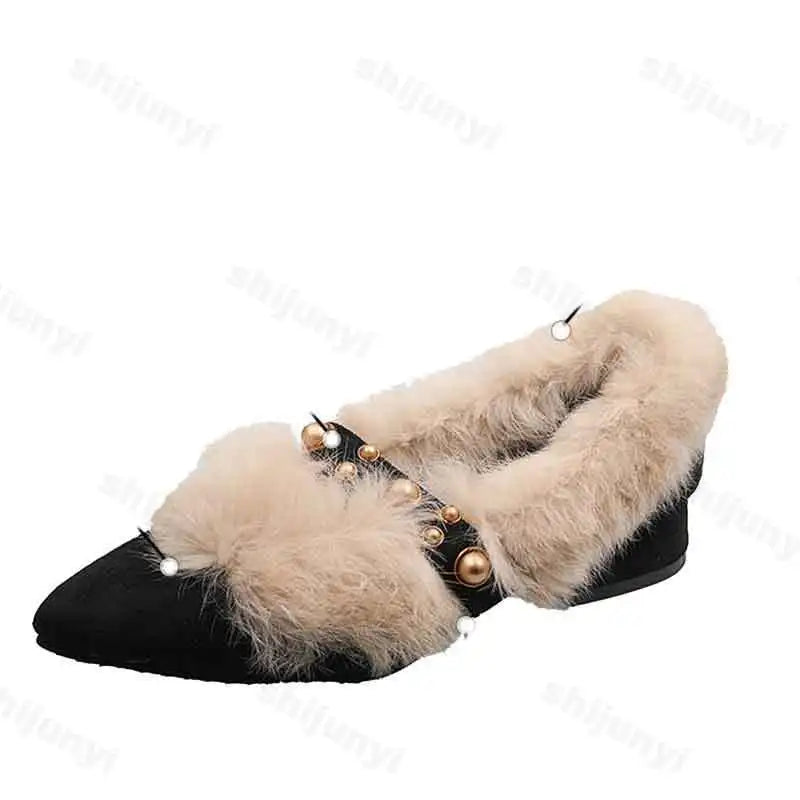 Lunivop Elegant Fur Low Heels Slippers Pointed Toe Women Suede Mules Shoes Winter Fashion Rivet Cotton Shoes New Cozy Plush Pumps