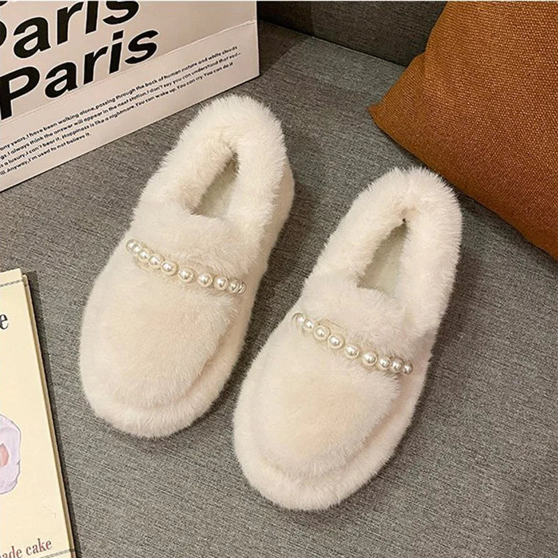 Lunivop New 2025 Women's Winter Thick Soled Cotton Shoes Fashion Pearl Beaded Warm Plush Thick Soled Loafers Fashion Slip Casual Shoes