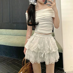 Lunivop Coquette White Lace Short Skirt Ruffle Women Sweet Bow Kawaii Mini Skirts Patchwork Layered A-line Aesthetics Skirt