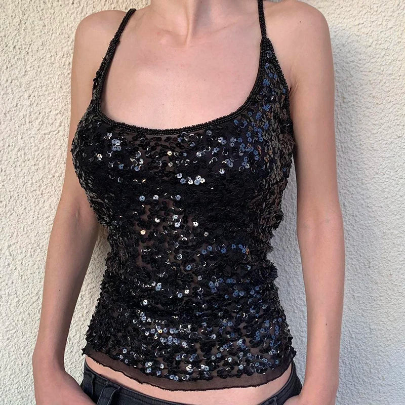 Lunivop   Black Sequined Crop Top Sexy See Through Sleeveless Skinny Club Party Camisole Women Vintage 2000s Tee y2k Aesthetic Vest