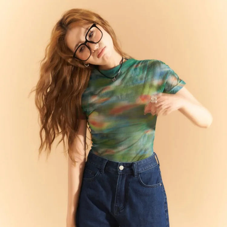 Lunivop  Summer New All-match Tops Mujer Mesh Short Sleeve T-shirt for Women Y2k E-Girl Slim Fit Irregular Print Tee Shirt