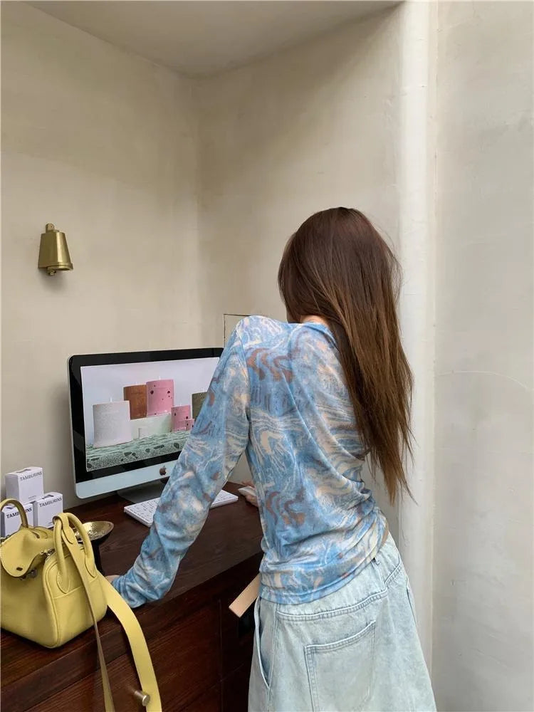 Lunivop  Vintage Tie Dye Printed O-neck Slim Fit Tee Shirt Y2k Thin Mesh Long Sleeved T-shirts Summer New Chic Top for Women