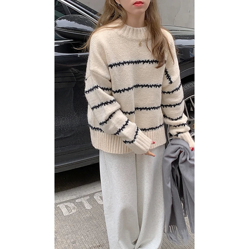 Lunivop Oversized Striped Sweater Mock Neck Pullover Women Cozy Knit Long Sleeve Jumper Fall Winter Korean Fashion Casual Daily Outfit