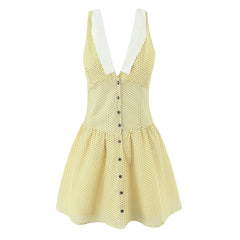 Lunivop  Sweet Yellow Polka Dot Print Spliced White Lace V collar Tank Dress Women Open Buttons Low Waist A-line Sleeveless Vestidos Robe