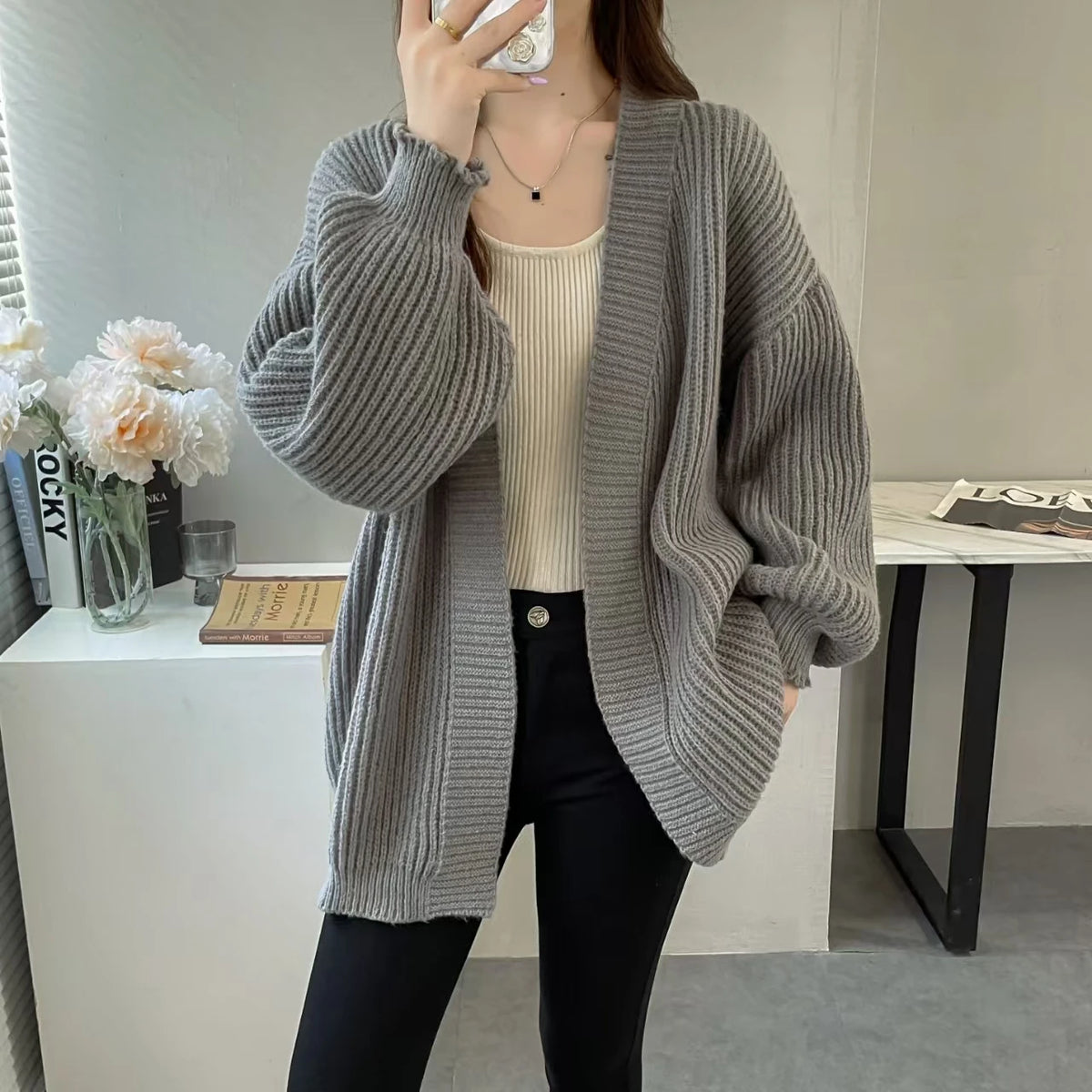 Lunivop Open Front Cardigan for Women Cozy Knitted Long Sleeve Plain Sweater Jacket Autumn Winter Casual Chic Outfit