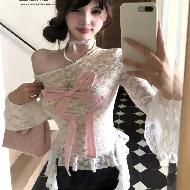 Lunivop High Street Hollow Sheer Sexy Long-sleeved T-shirt Women Autumn New Skew Collar Strapless Contrast Color Patchwork Tops