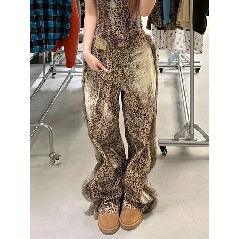 Lunivop American Retro High Street Casual Overalls Leopard Print Loose Wide Leg Pants For Women Y2k Hip-hop Cargo Grunge Baggy Trousers