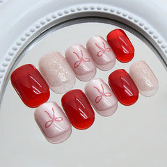 Lunivop  24pcs Self-adhesive Coffin Press on Nails Summer Red Ribbon Short Sweet False Nails Cat Eye Cheap Nail Tips Glued Nails Set