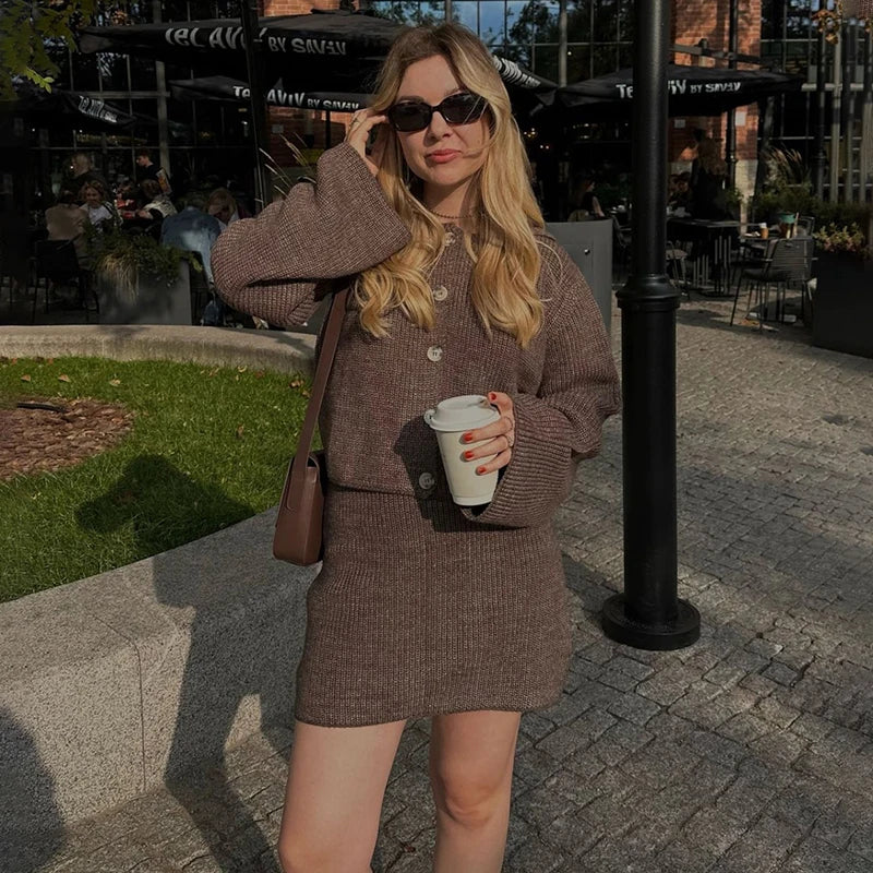 Lunivop Women's Knitted Suit Lapel Flare Sleeve Cardigan Skirt Autumn Winter New Fashion Solid Slim Female Sweater Two Piece Sets