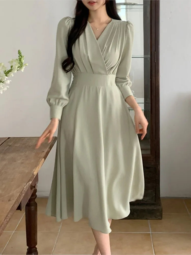 Lunivop  Korean Solid Midi Dresses for Women Fashion V-neck Long Sleeve A-line Solid Casual Dress Office Lady Clothing Autumn New