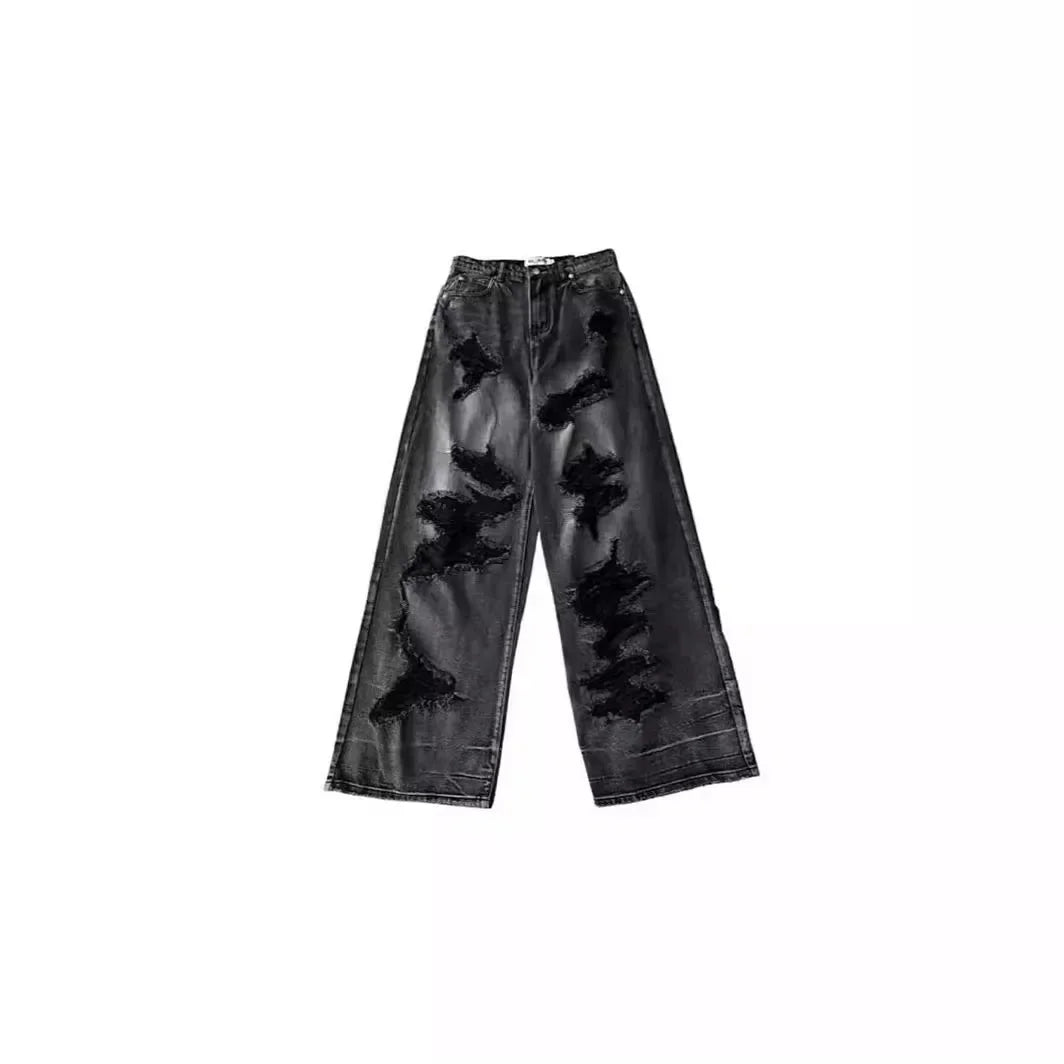 Lunivop Unique Cool Ripped Jeans Women's Summer Distressed American Style Bell Bottoms Loose Fit Versatile Straight Leg Long Pants