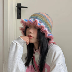 Lunivop Rainbow Knitted Hat Dopamine Fashion Retro Gradient Contrast Plush Ruffle Warmth Striped Oil Painting Woolen Fisherman Cap Decor