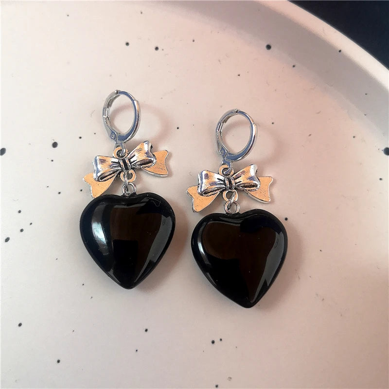 Lunivop Goth Cute Bowknot Black Cat Heart Drop Earrings For Women Crystal Star Ear Buckle Fashion Y2K Charm EMO Jewelry Accessories Gift