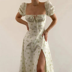 Lunivop  Skinny floral prints Dresses for Summer Women's Dress Square Neck Short Bubble Sleeves High Waist Lace-up Maxi Split Dress