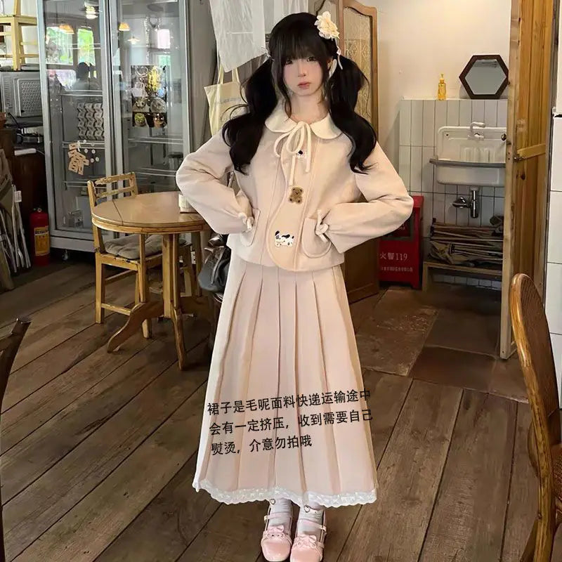 Lunivop  Harajuku Vintage Sweet Bow Pink Coat Women+ Autumn Winter Fashion Mid-length Ruched A-line Skirts New Two Piece Sets