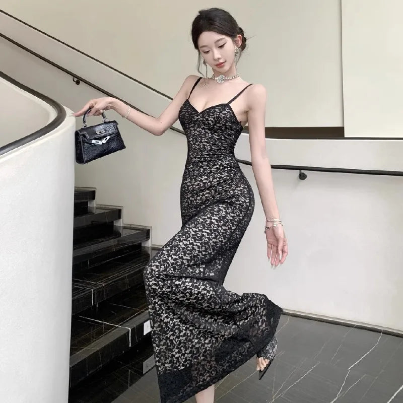 Lunivop  Woman Dress Sexy Elegant Sleeveless V Neck Lace Patchwork Backless Slim Sweet Temperament Party Dresses Female Chic