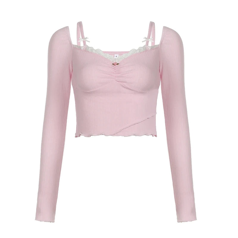 Lunivop  Sweet Off-shoulder Cute Crop Top Lace Patchwork Pink Coquette Aesthetic Slim-fit Long Sleeve Knitted T-shirts Ladies y2k