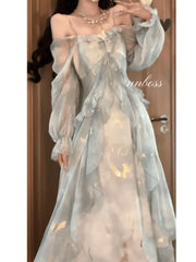 Lunivop  Light Gray Square Neck Long Sleeve Women's Dress Shimmer Embellished Tiered Ruffle Maxi DressSheer Chiffon Fairy Casual Gown