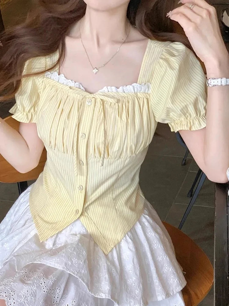Lunivop  Sweet Yellow Striped Shirt Women Casual Vintage Square Collar Slim Blouse Korean Preppy Style Puffy Sleeve Elegant Tops New