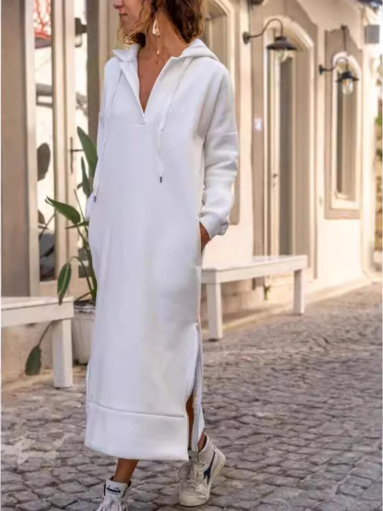 Lunivop  Autumn and Winter Fashion New Women's Warm and Loose Hoodie Dress Commuting Style Casual Hooded V-neck Slit Hoodie Long Skirt