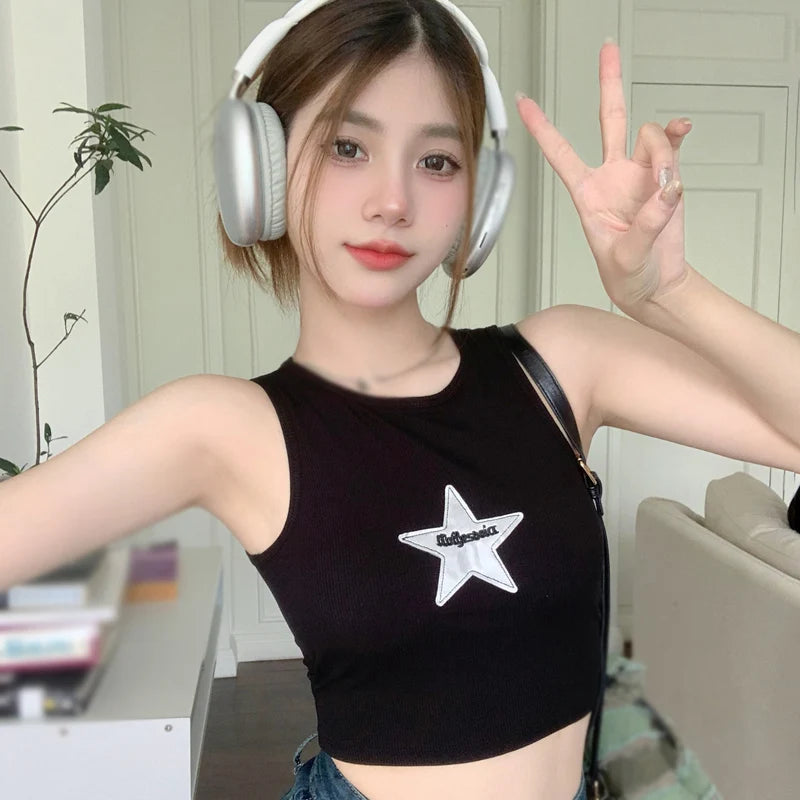 Lunivop Women's Crop Top Camisole Padded O Neck Navel Summer Y2k Star Print Slim Sexy Casual  sleeveless Tank Tops Multicolor