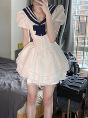 Lunivop  Preppy Style Lolita White Dresses Navy Collar Kawaii Summer Japanese White Dresses Casual Short Sleeve Elegant Party Dress