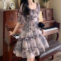 Lunivop  French Retro Light Mature Style Floral Summer Women's New Pullover Square Neck Tie Folds Fashion Casual Short Sleeved Dress the dress black dress white dress