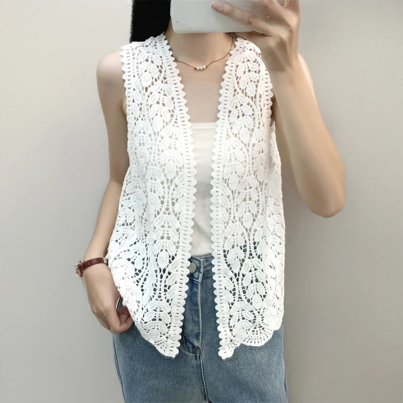 Lunivop Women's Open Front Crochet Vest  Boho Chic Embroidery Lace Lightweight Openwork Sweater Vest Top Summer Vacation Beach Outfit