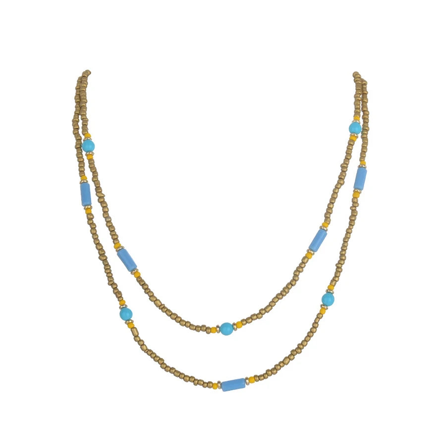 Lunivop New Trendy Boho Golden Blue Bead Doubl Layered Necklace for Women Niche Design Personality Beach Party Jewelry Gifts