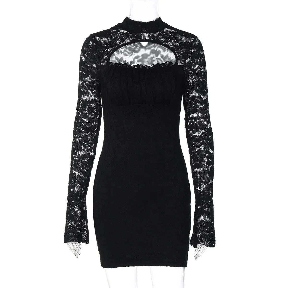 Lunivop  Hollow Out See Through Lace Patchwork Bodycon Mini Dress Women O Neck Long Sleeve Hipster Slim Night Clubwear Party Outfits