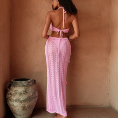 Lunivop  New Style Tie Up Top Slim Skirt Suit Knitted Beachwear Cover Up With Flower Decoration Sexy Fashion Hollow Out Vacation Cover-Up