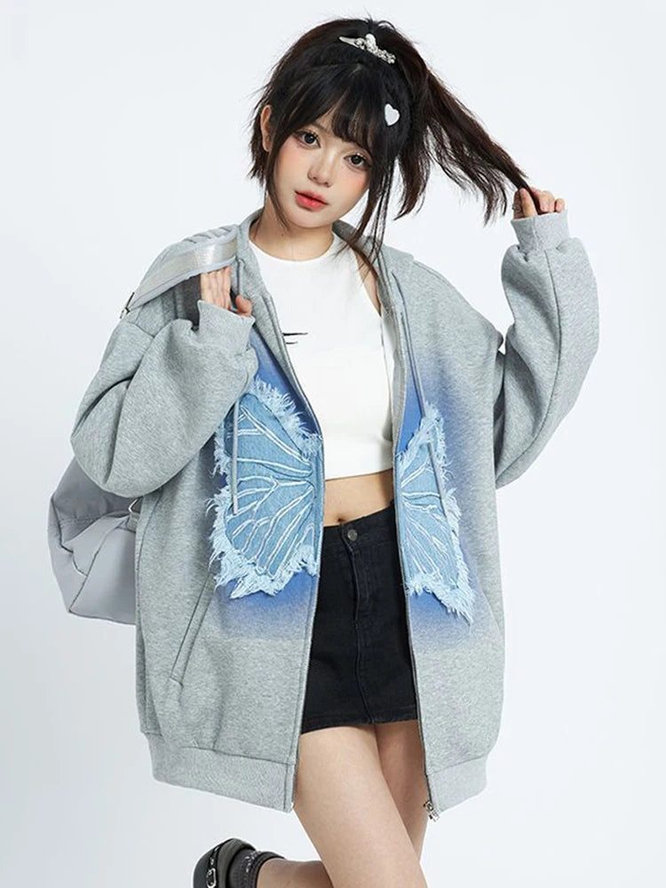 Lunivop Vintage Women Y2K Hoodies Bufferfly Loose Long Sleeve Streetwear Sweatshirts Harajuku Casual Fall Lady Retro American Tops