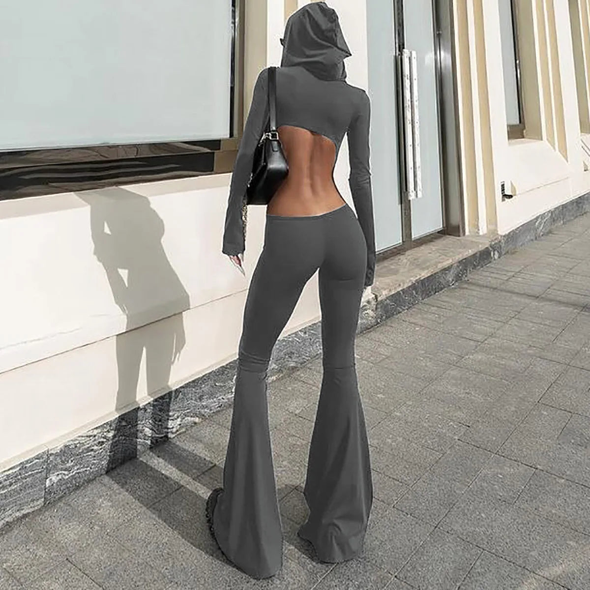 Lunivop Hooded Long Sleeve Hollow Out Backless Long Flare Pant One Piece Jumpsuit Fit Elegant Evening Leggings Casual Clothes